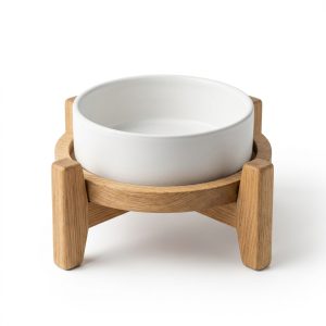 Minimalist Ceramic Dog Bowl with Wood Stand